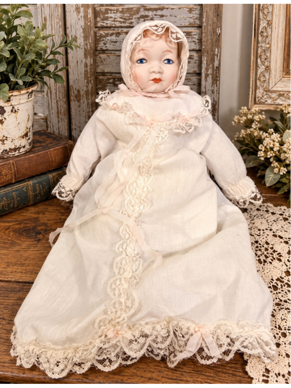 Antique Bisque Porcelain Baby Doll Cloth Body Lace Christening Gown Bonnet